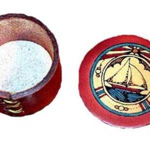 SAILBOAT, HANDPAINTED LEATHER BOX WITH LID, 2 IN. DIA x 1 3/8 IN. HIGH, HANDMADE
